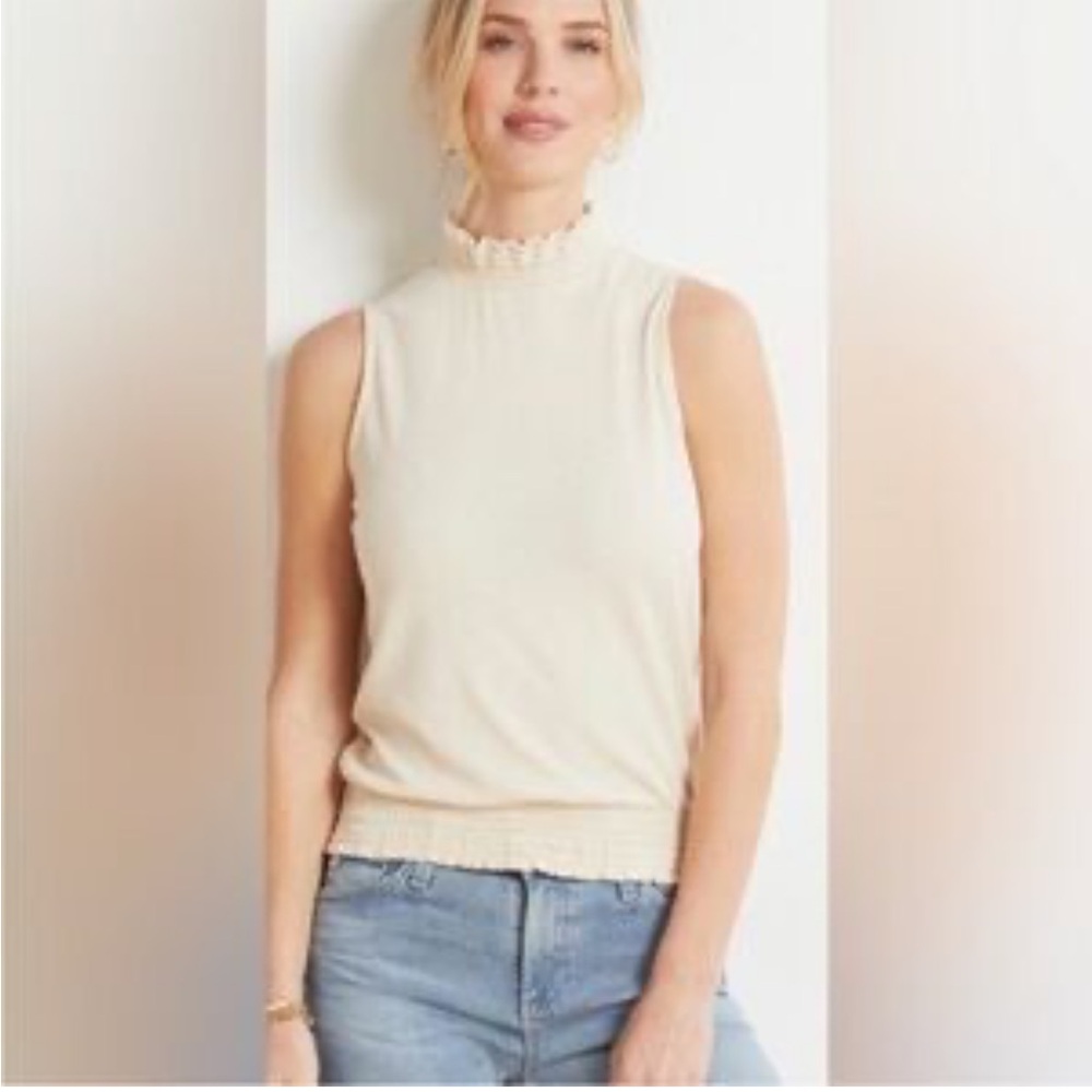 Evereve Sleeveless Mock Neck Ribbed Top Cream Beige Size Small
